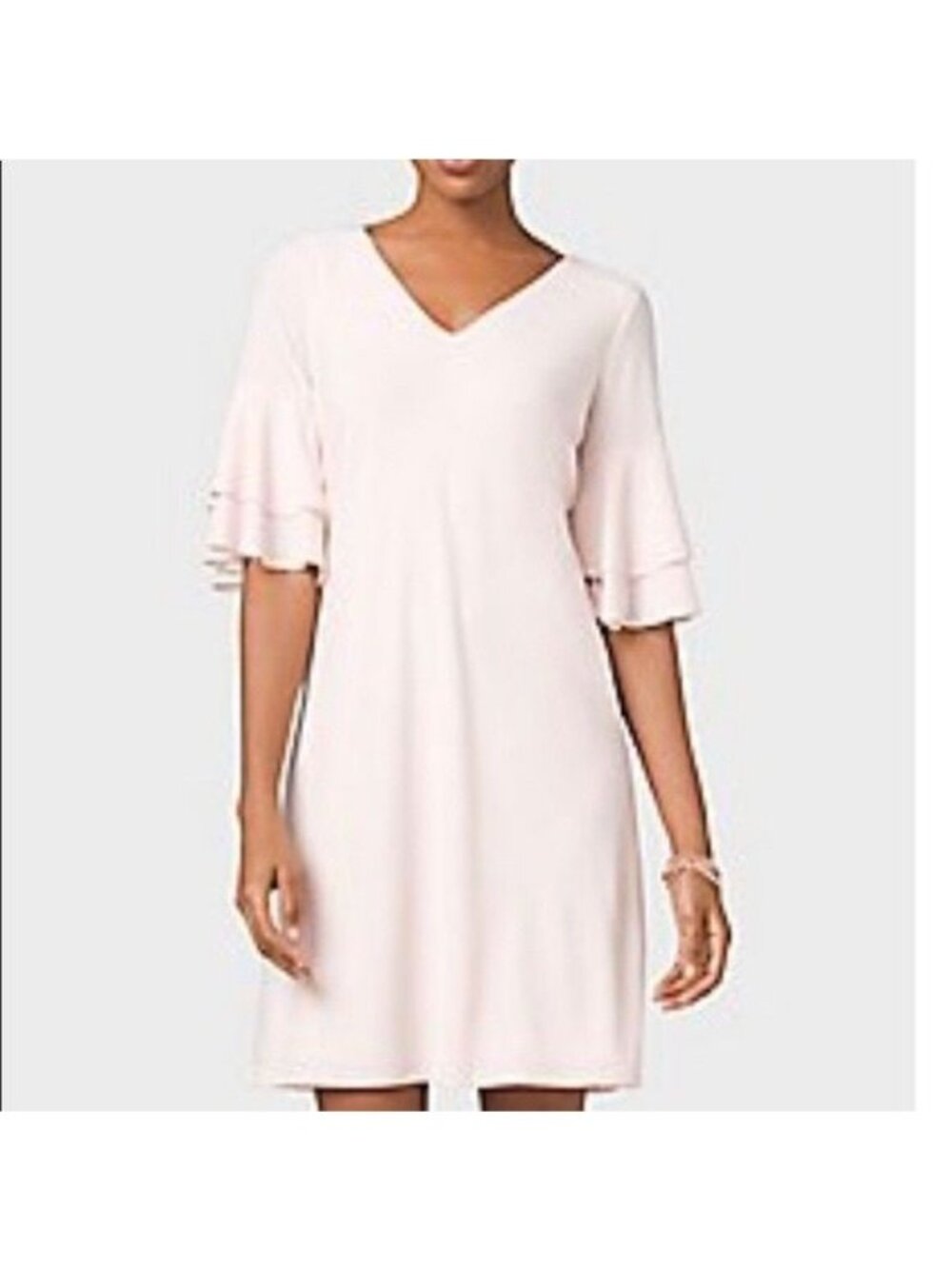 Roz & Ali XS Light Pink V-Neck Crepe Ruffle Sleeve Shift Dress Size XS